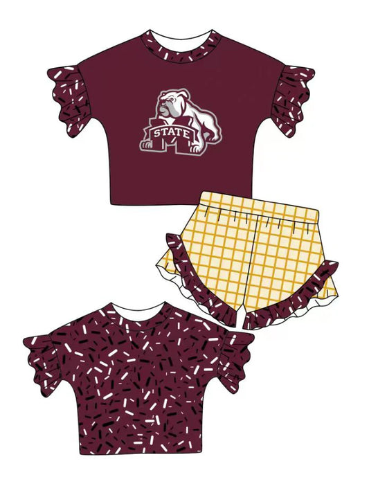 Preorder (moq 5)Baby Girls Red Sprinkles M State Top Checked Ruffle Shorts Team Clothes Set 1.10