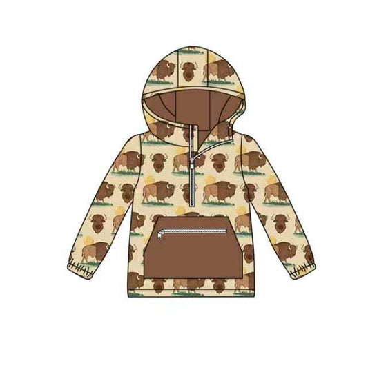 Preorder (moq 8)Baby Boys Brown Bull Zipper Pocket Western Hooded Tops 9.24