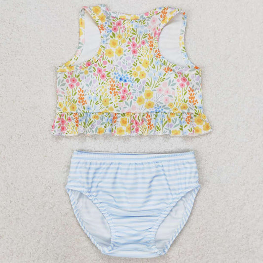 Baby Girls Swimsuits Small Flowers Ruffle Top Bummie Two Pieces Swimsuits S0414