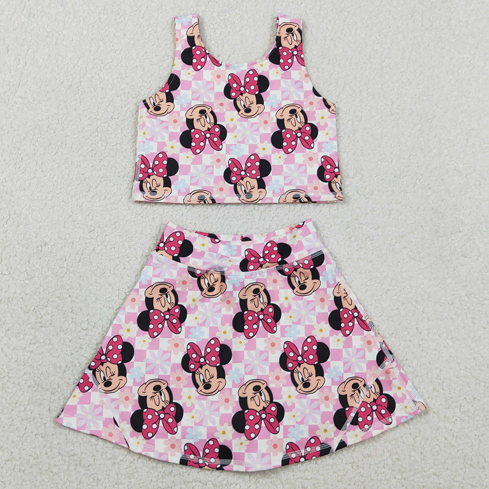 Baby Girls Clothes Sleeveless Pink Plaid Cartoon Top Skort Yoga Set GSD2460