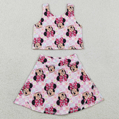 Baby Girls Clothes Sleeveless Pink Plaid Cartoon Top Skort Yoga Set GSD2460
