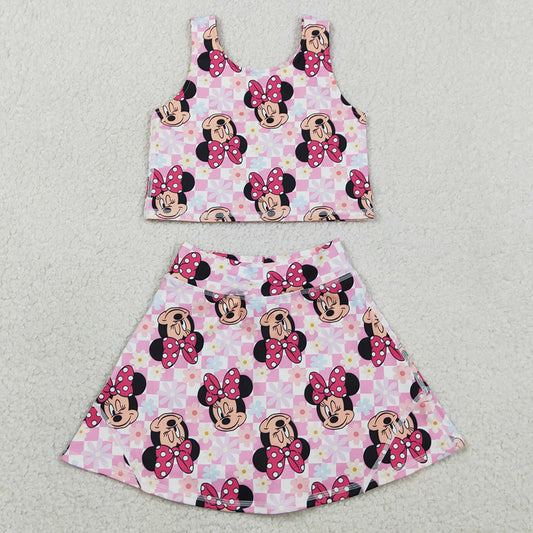 Baby Girls Clothes Sleeveless Pink Plaid Cartoon Top Skort Yoga Set GSD2460