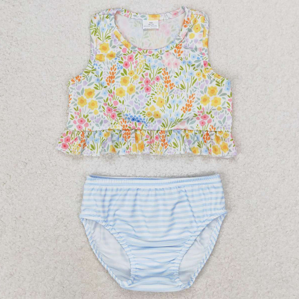 Baby Girls Swimsuits Small Flowers Ruffle Top Bummie Two Pieces Swimsuits S0414