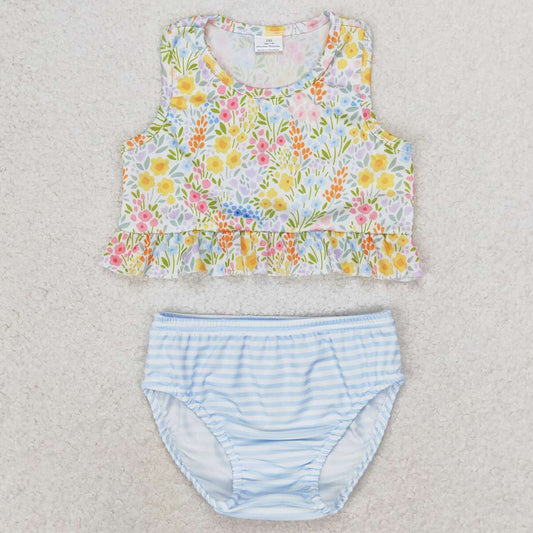 Baby Girls Swimsuits Small Flowers Ruffle Top Bummie Two Pieces Swimsuits S0414