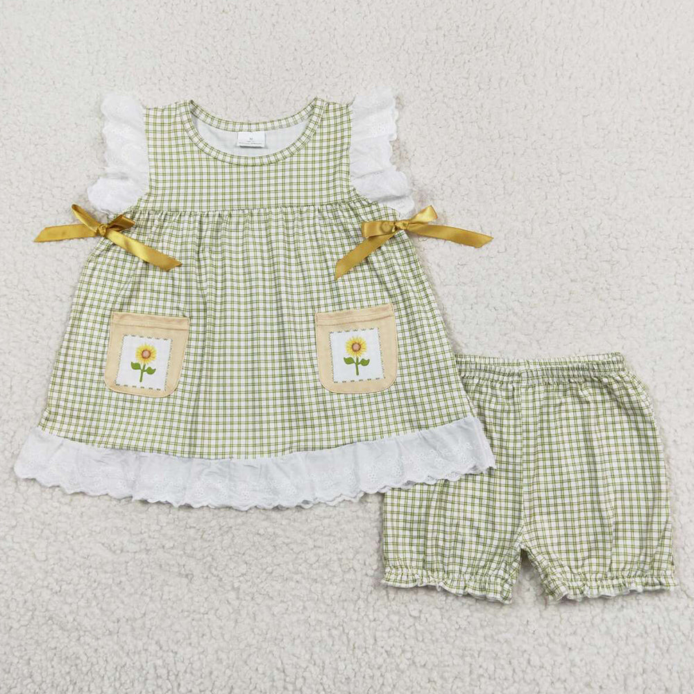 Baby Girls Clothes Green Checkered Flowers Pocket Tunic Shorts Clothes Sets GSSO1196