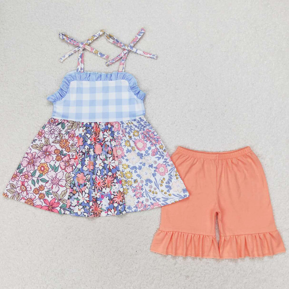 Baby Girls Clothes Straps Flowers Summer Tunic Top Ruffle Shorts Clothes Sets GSSO0990