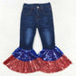 Baby Girls Jeans 4th Of July Denim Sequin Bell Bottom Pants Jeans P0430