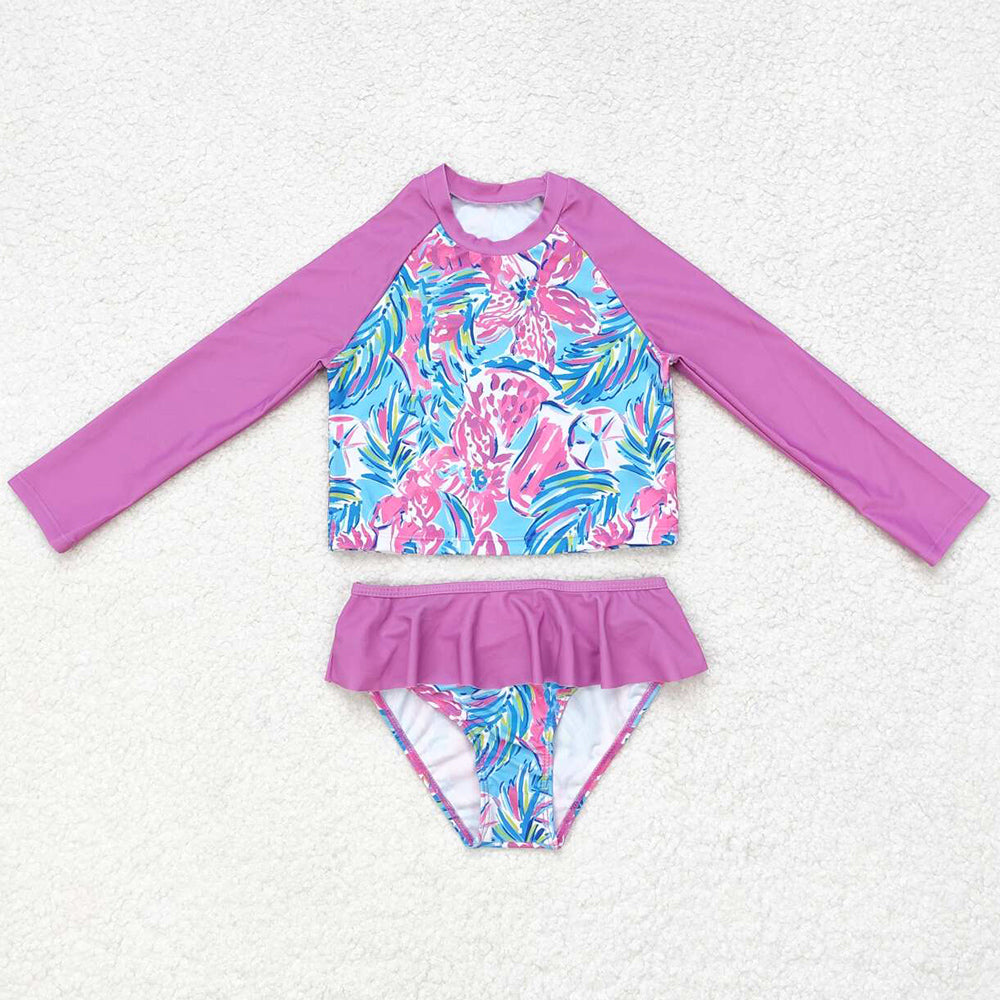 Baby Girls Swimsuits Pink Flowers Long Sleeve Top Bummie Two Pieces Swimsuits S0259