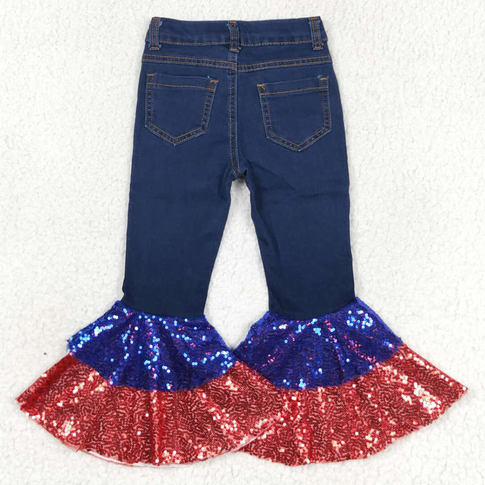 Baby Girls Jeans 4th Of July Denim Sequin Bell Bottom Pants Jeans P0430