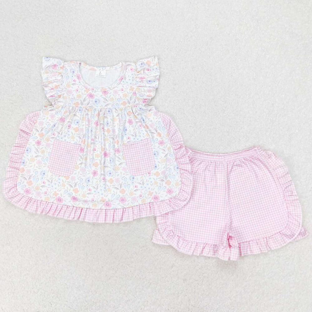 Baby Girls Clothes Pink Flowers Pockets Tunic Top Ruffle Shorts Sets GSSO1057