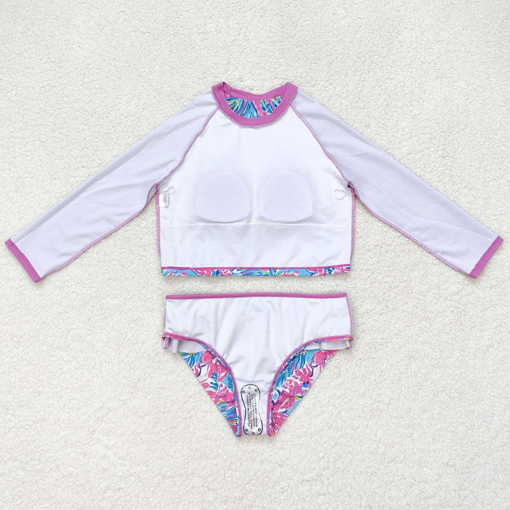 Baby Girls Swimsuits Pink Flowers Long Sleeve Top Bummie Two Pieces Swimsuits S0259