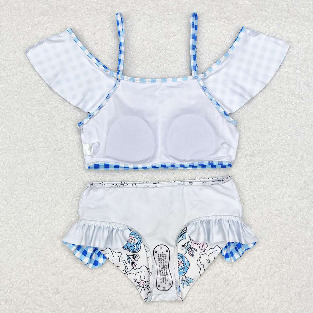 Baby Girls Swimsuits Blue Checkered Top Floral Bummie Two Pieces Swimsuits S0254