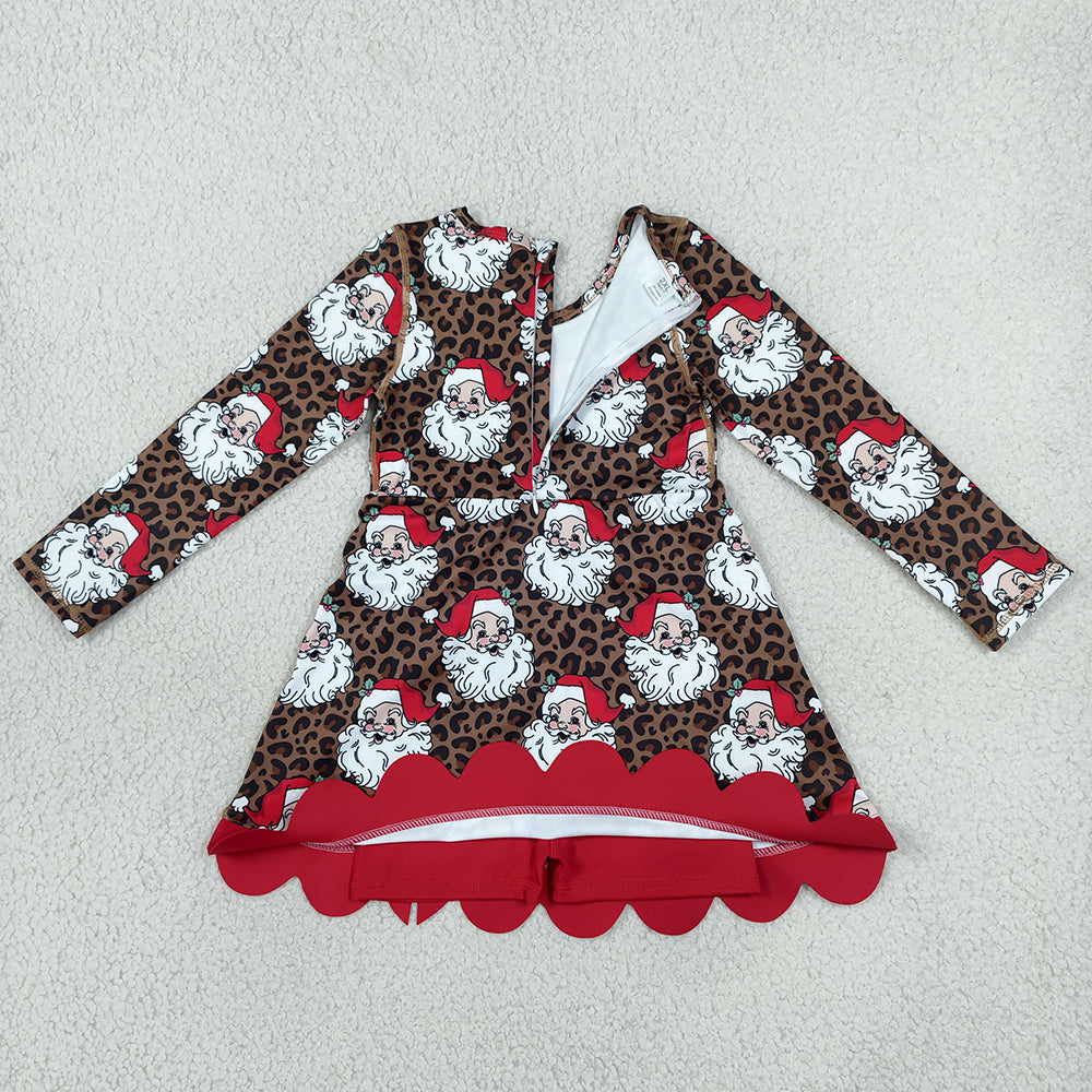 Baby Girls Dress Leopard Santa Short Christmas Bows Scallop Yoga Active Knee Length Dress GLD1679