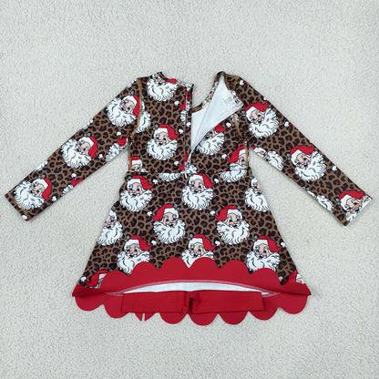 Baby Girls Dress Leopard Santa Short Christmas Bows Scallop Yoga Active Knee Length Dress GLD1679