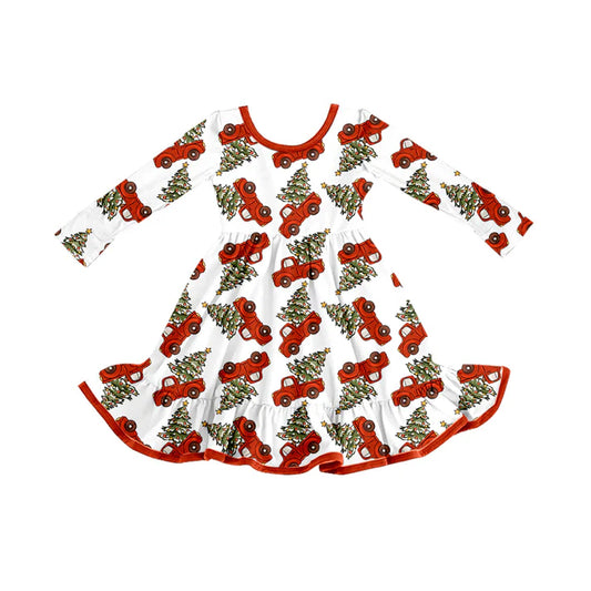 Preorder (moq 5)Baby Girls Christmas Trees Trucks Ruffle Knee Length Dresses 8.8