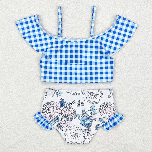 Baby Girls Swimsuits Blue Checkered Top Floral Bummie Two Pieces Swimsuits S0254