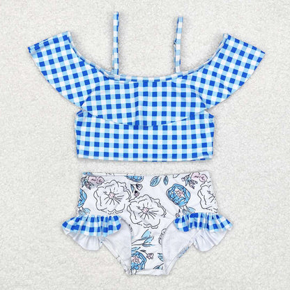 Baby Girls Swimsuits Blue Checkered Top Floral Bummie Two Pieces Swimsuits S0254