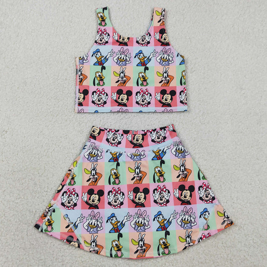 Baby Girls Clothes Sleeveless Cartoon Ducks Plaid Top Skort Yoga Sets GSD2333
