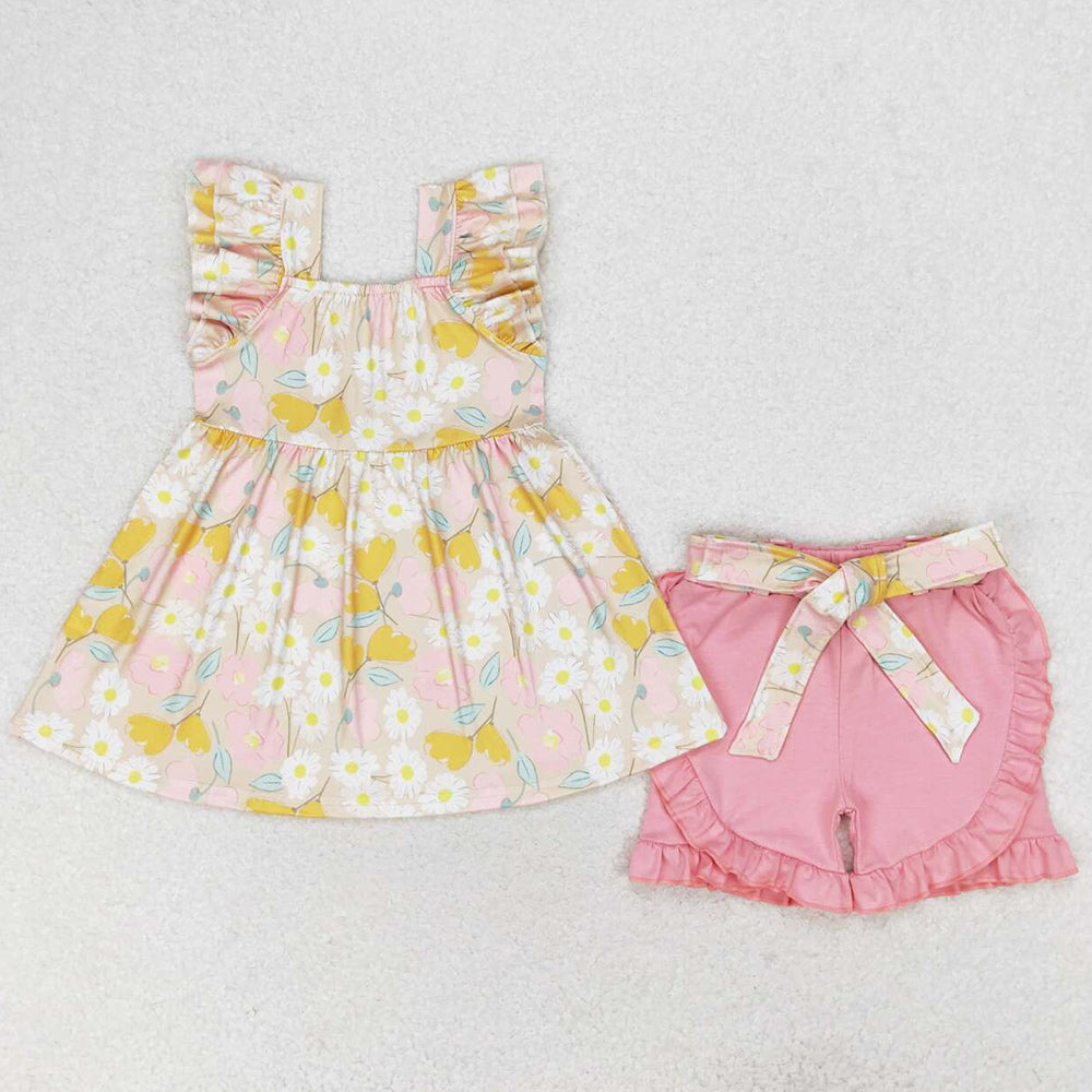 Baby Girls Clothes Pink Flowers Top Belt Ruffle Shorts Sets GSSO1254