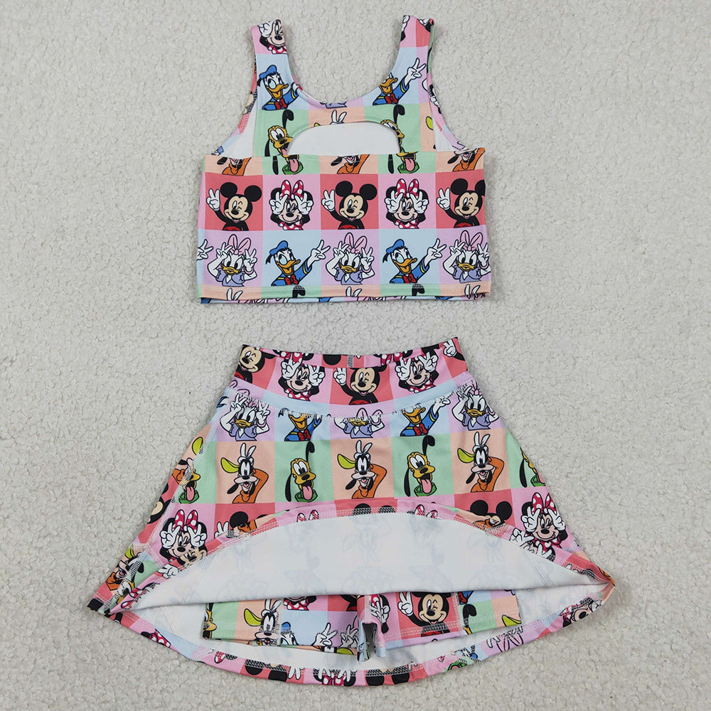 Baby Girls Clothes Sleeveless Cartoon Ducks Plaid Top Skort Yoga Sets GSD2333