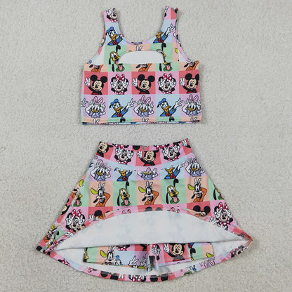 Baby Girls Clothes Sleeveless Cartoon Ducks Plaid Top Skort Yoga Sets GSD2333