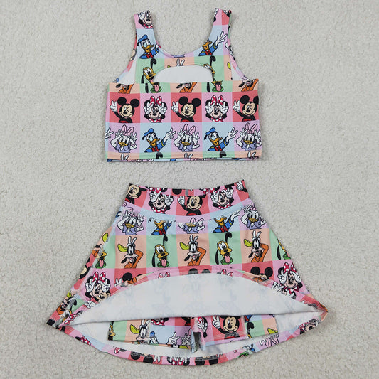 Baby Girls Clothes Sleeveless Cartoon Ducks Plaid Top Skort Yoga Sets GSD2333