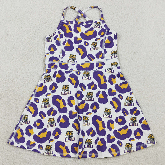 Baby Girls Dress Strap Purple Leopard LSU Tigers Team Yoga Active Shorts Knee Length Dresses GSD3639