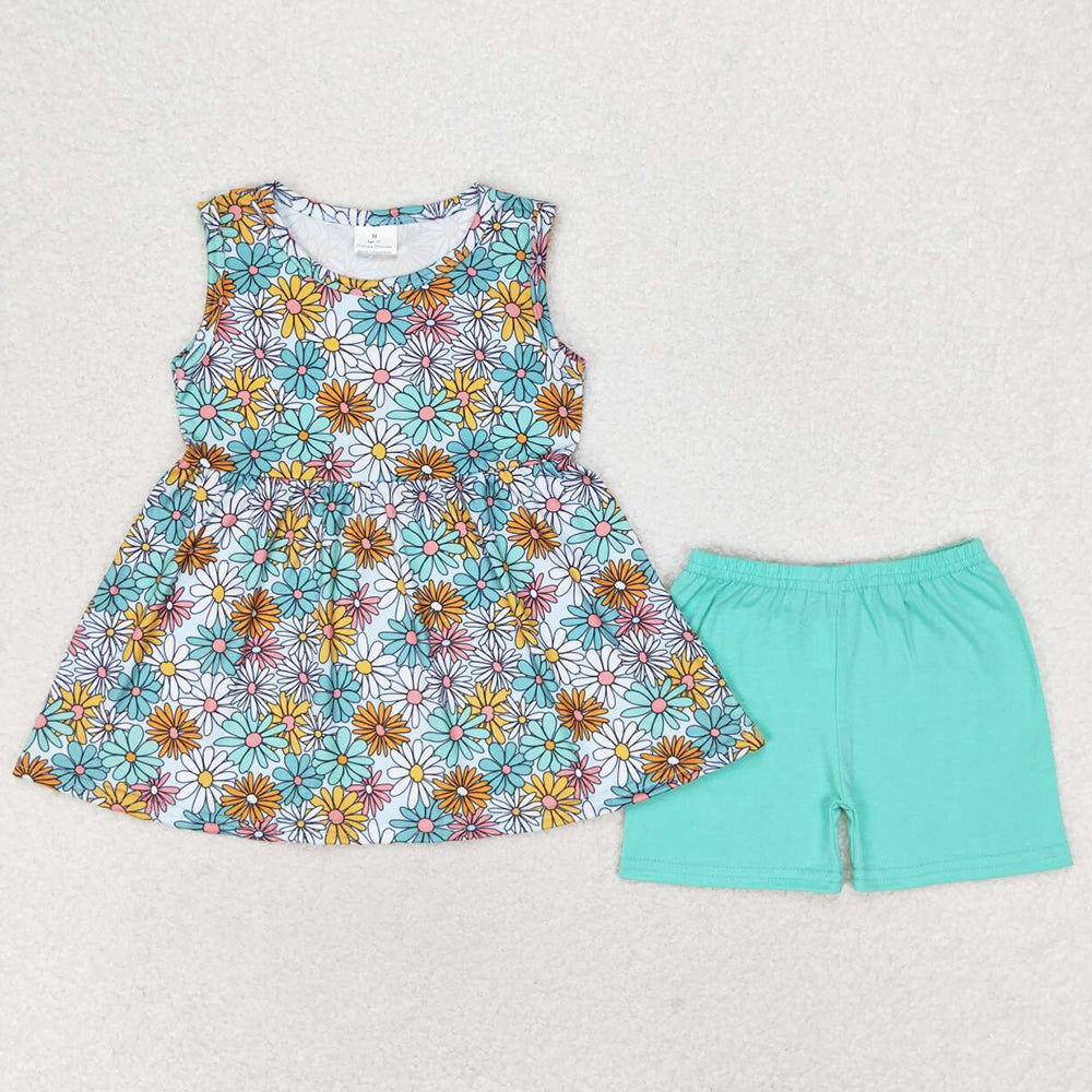 Baby Girls Clothes Blue Flowers Sleeveless Tunic Tops Shorts Clothes Sets GSSO1271