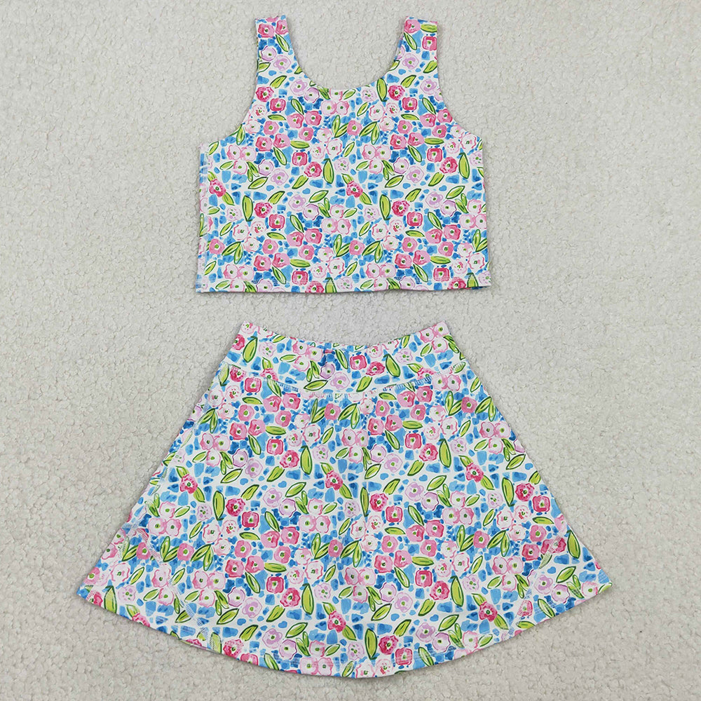 Baby Girls Dress Blue Flowers Athletic Active Wear Top Shorts Skirts Tennise Outfits GSD1988