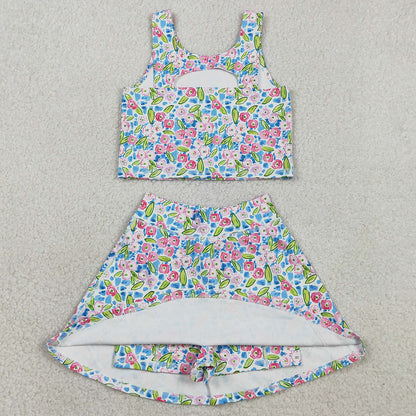 Baby Girls Dress Blue Flowers Athletic Active Wear Top Shorts Skirts Tennise Outfits GSD1988
