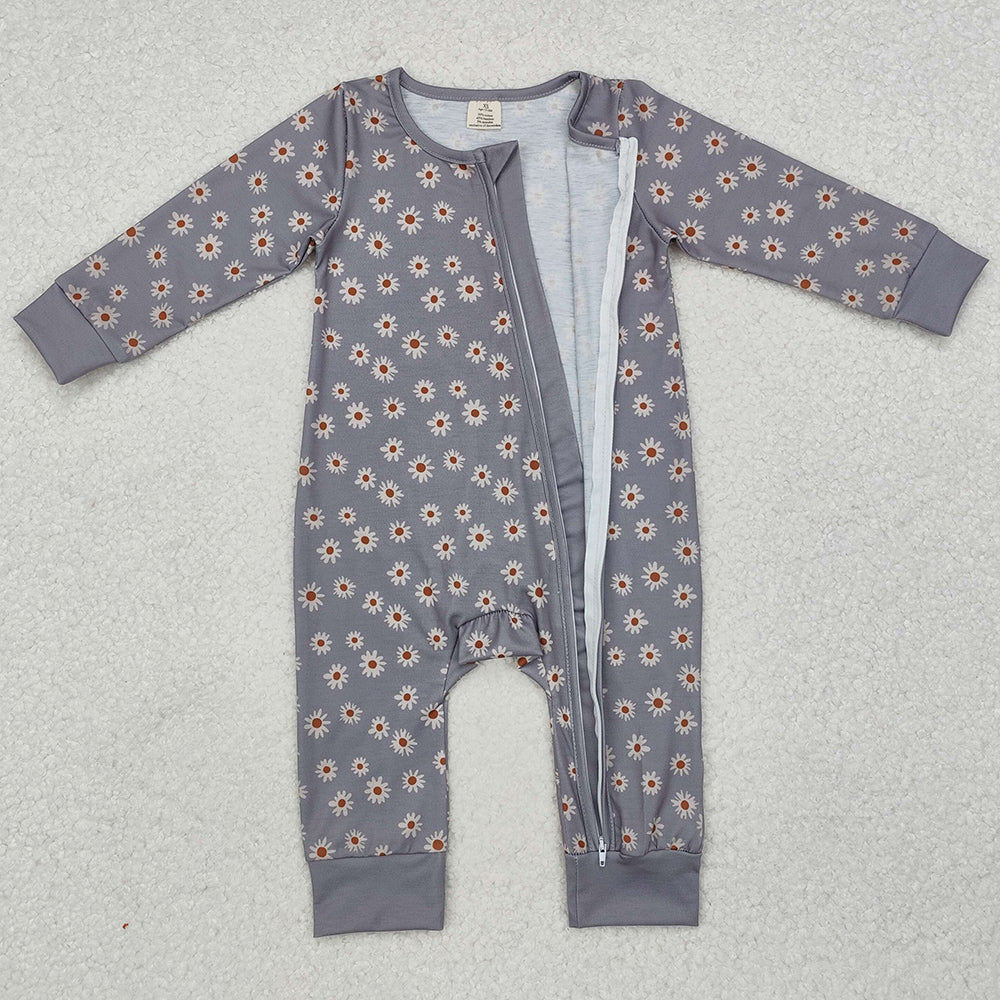 Baby Infant Girls Rompers Grey Bamboo Sunflowers Zip Rompers LR1603