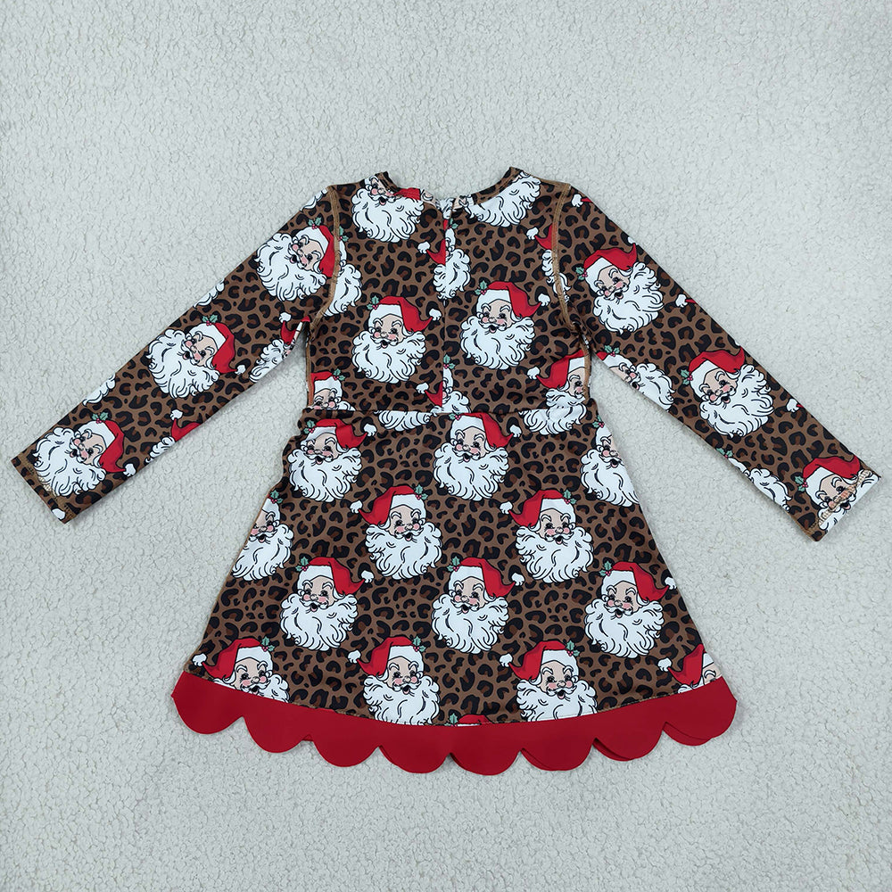 Baby Girls Dress Leopard Santa Short Christmas Bows Scallop Yoga Active Knee Length Dress GLD1679