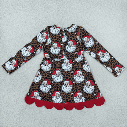 Baby Girls Dress Leopard Santa Short Christmas Bows Scallop Yoga Active Knee Length Dress GLD1679