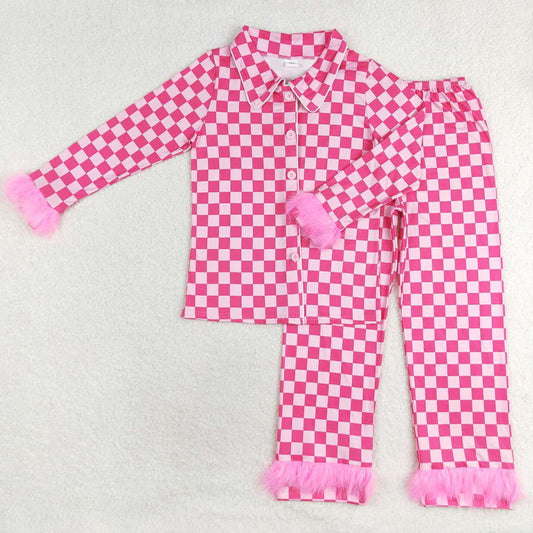 Adult Women Pajamas Dark Pink Checkered Button Up Top Pants Fur Pajamas Sets GLP1265