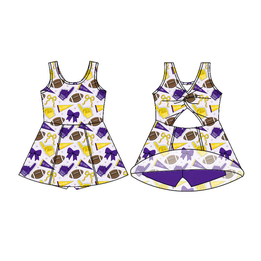 Preorder (moq 5)Baby Girls Sleeveless Yellow Purple Bows Footballs Shorts Team Knee Length Dress 7.17