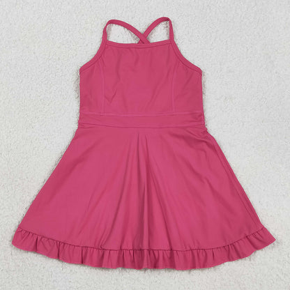 Baby Girls Dress Hot Pink Strap Yoga Active Shorts Ruffle Knee Length Dresses S0727