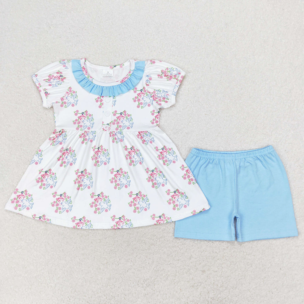 Baby Girls Clothes Flower Bird House Tunic Top Shorts Clothes Sets GSSO1225