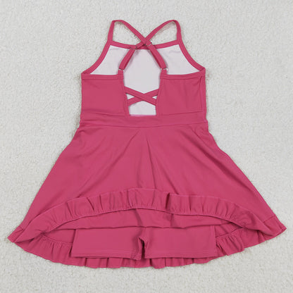 Baby Girls Dress Hot Pink Strap Yoga Active Shorts Ruffle Knee Length Dresses S0727