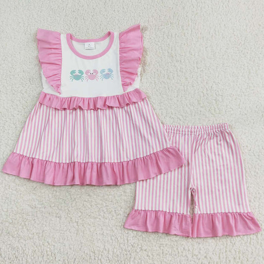 Baby Girls Clothes Crabs Pink Stripes Tunic Tops Ruffle Shorts Sets GSSO1258