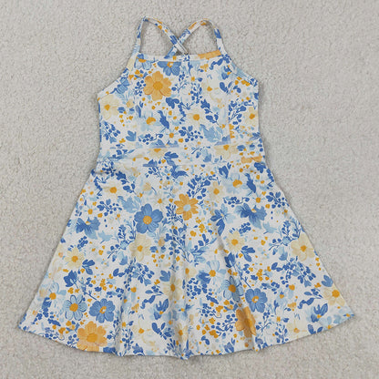 Baby Girls Dress Strap Colorful Flowers Yoga Active Shorts Ruffle Knee Length Dress GSD3565