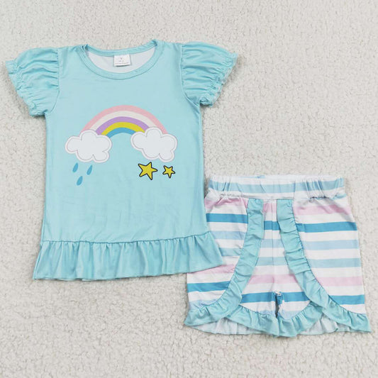 Baby Girls Clothes Rainbow Shirt Top Stripes Ruffle Shorts Sets GSSO1227