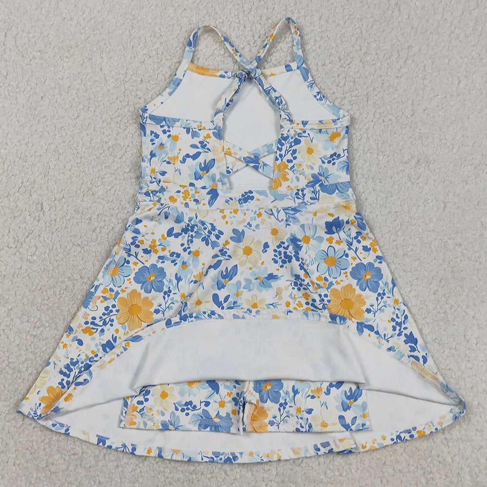 Baby Girls Dress Strap Colorful Flowers Yoga Active Shorts Ruffle Knee Length Dress GSD3565