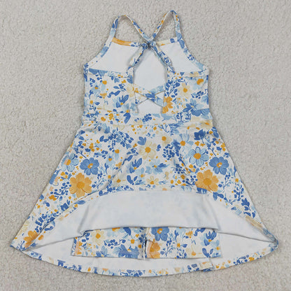 Baby Girls Dress Strap Colorful Flowers Yoga Active Shorts Ruffle Knee Length Dress GSD3565