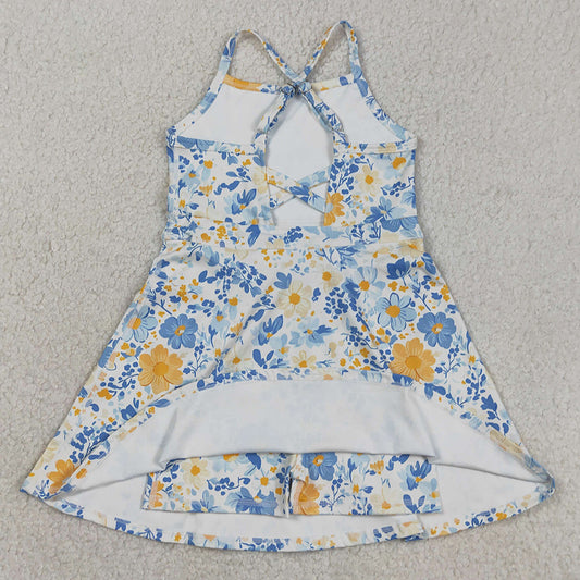 Baby Girls Dress Strap Colorful Flowers Yoga Active Shorts Ruffle Knee Length Dress GSD3565