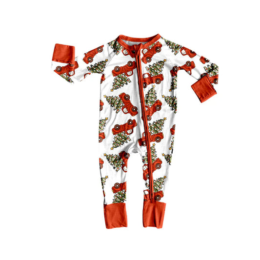 Preorder(moq 5)Baby Infant Christmas Trees Trucks Red Zipper Footie Rompers 8.8