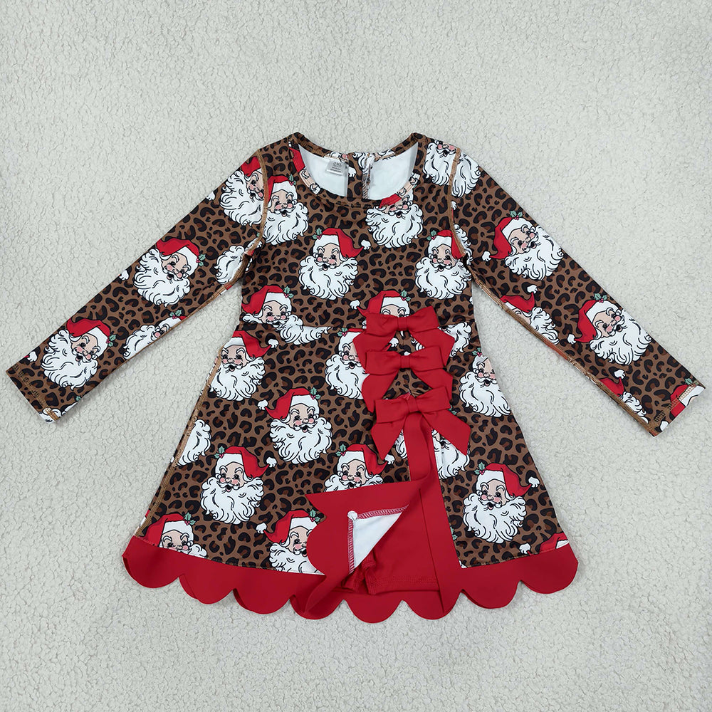 Baby Girls Dress Leopard Santa Short Christmas Bows Scallop Yoga Active Knee Length Dress GLD1679