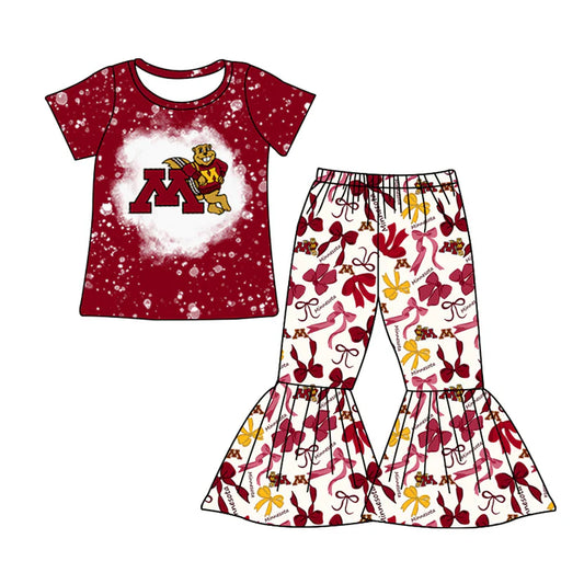 Preorder MOQ 5 bleached maroon M top bow pants girls team clothes 8.25