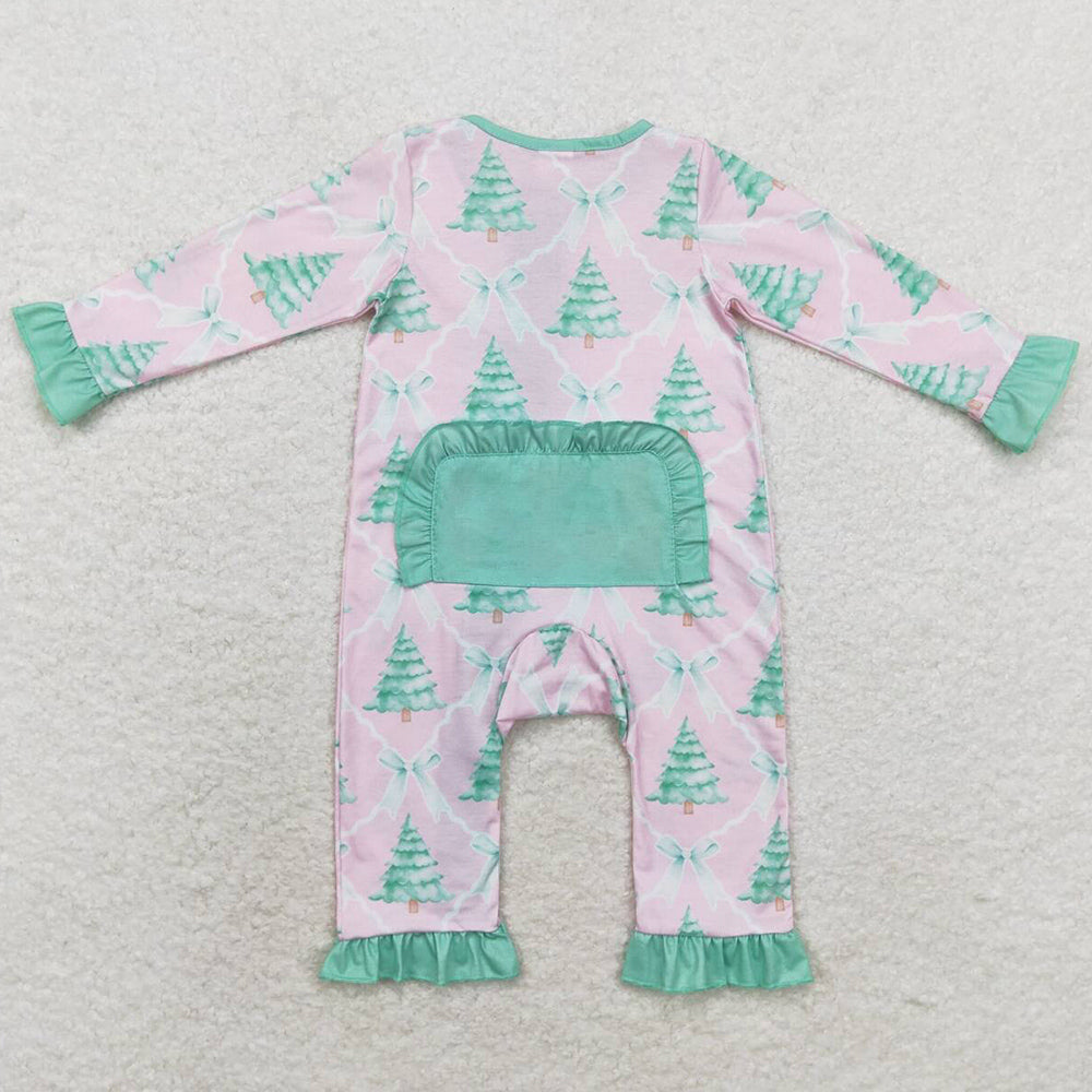 Baby Infant Girls Rompers Christmas Pink Bows Trees Zip Bamboo Rompers LR1073