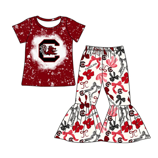 Preorder MOQ 5 Bleached maroon top bow pants kids girls team clothes 8.27