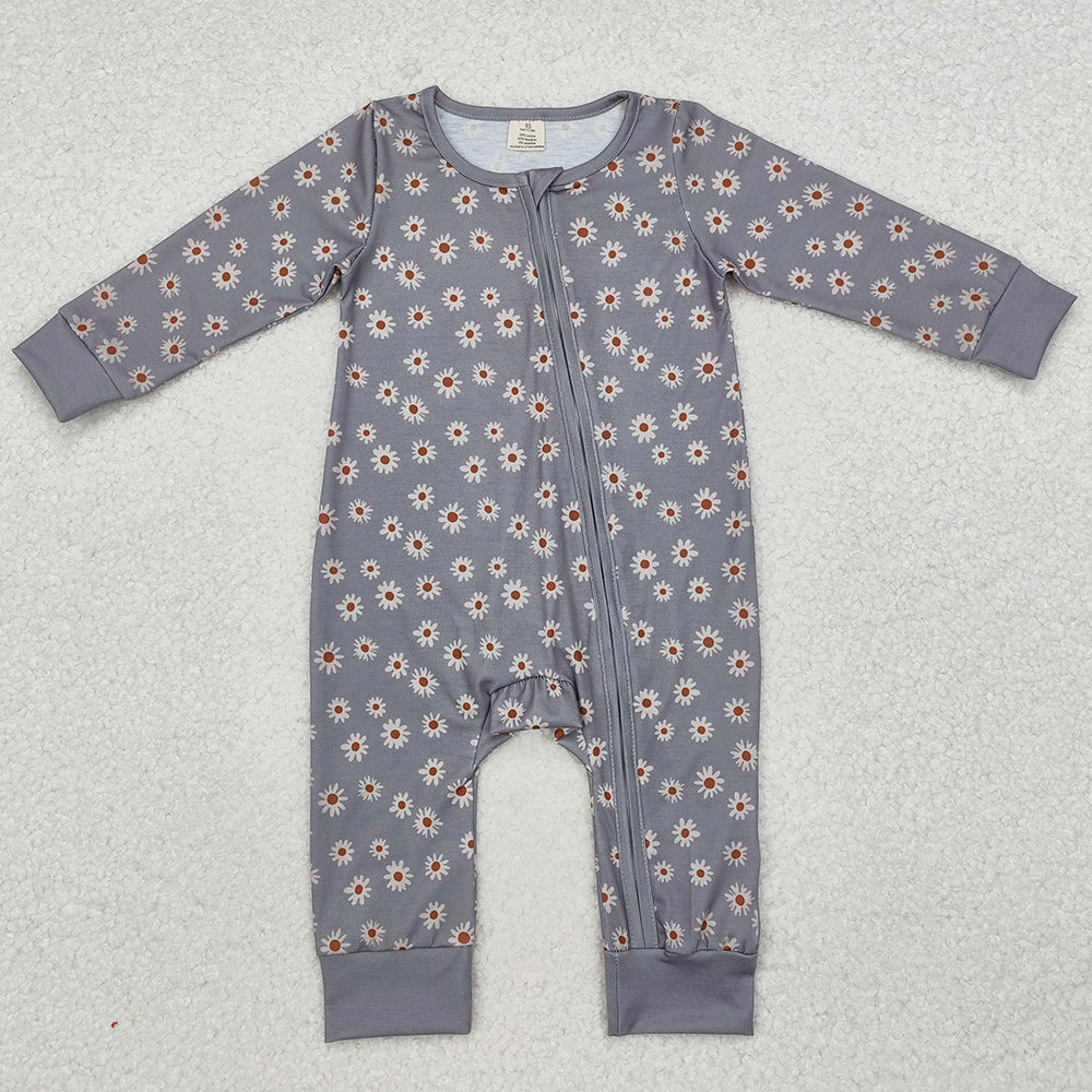 Baby Infant Girls Rompers Grey Bamboo Sunflowers Zip Rompers LR1603